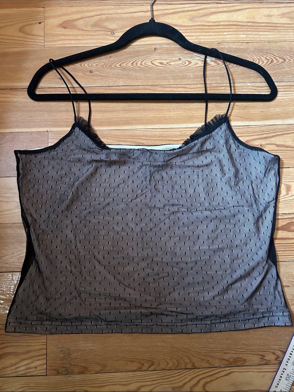 Moda International Black Sheer Dot Mesh Camisole with Lace Trim